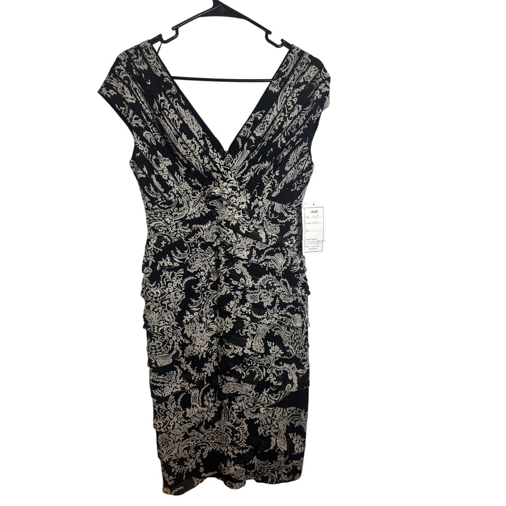 Adrianna Papell Black Cream Damask Floral Ruched Mesh Sheath Dress Cap Sleeve 6
